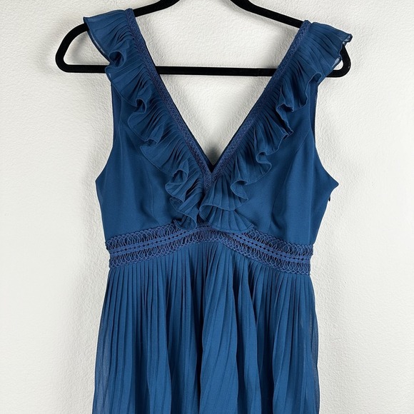 Anthropologie PS Petite Small Pleated Isere Ruffled Blue V-Neck Dress Lucy Paris - Picture 3 of 5